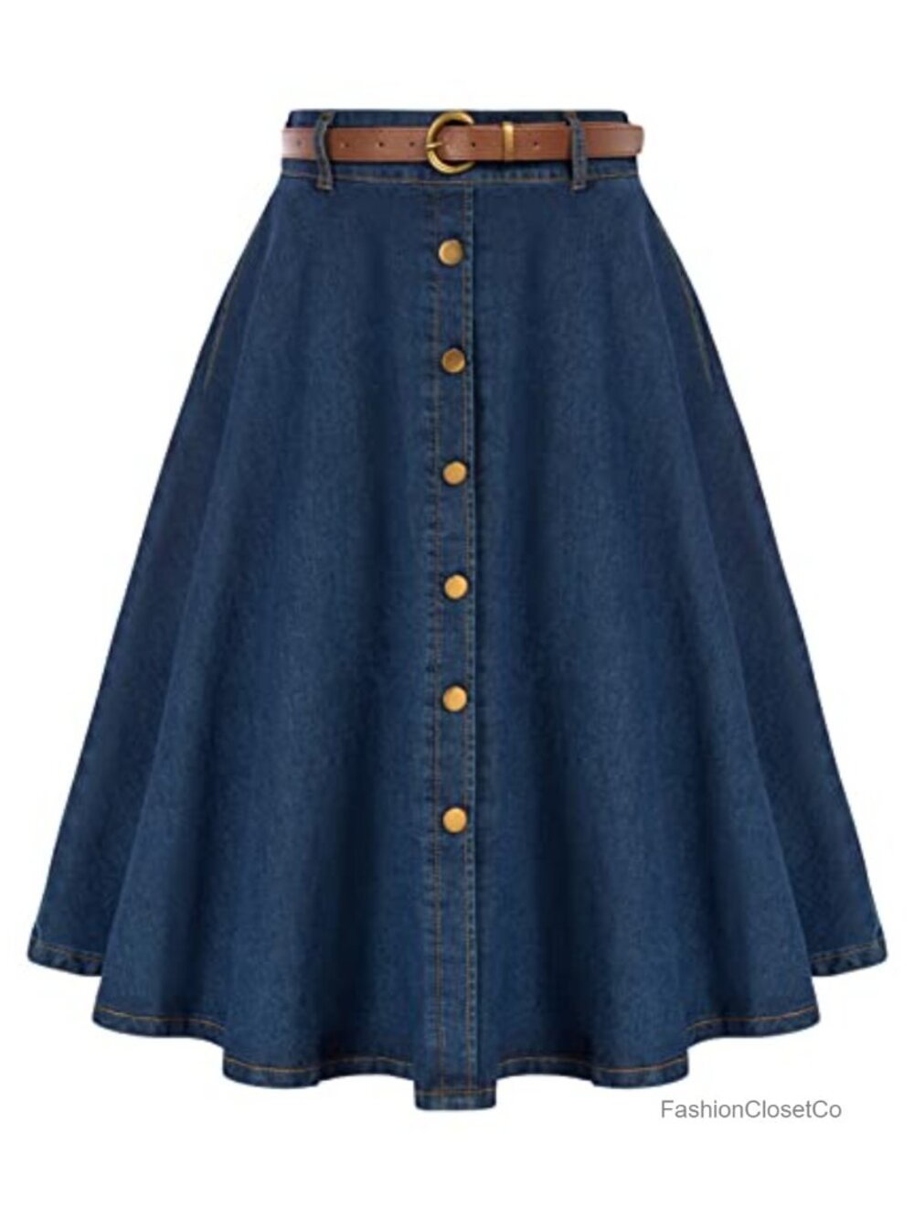 Denim Midi Skirt High Waist A-Line Vintage Below Knee Pockets Belt - Picture 1 of 6